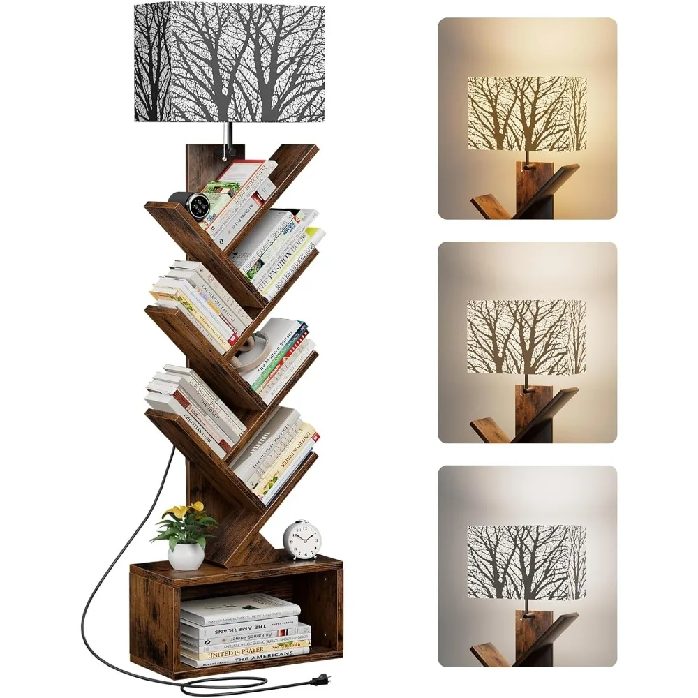 

Tree Bookshelf with Light, 6 Tier Small Bookcase, Narrow Floor Standing Book Tower Organizer with Storage Cabinet