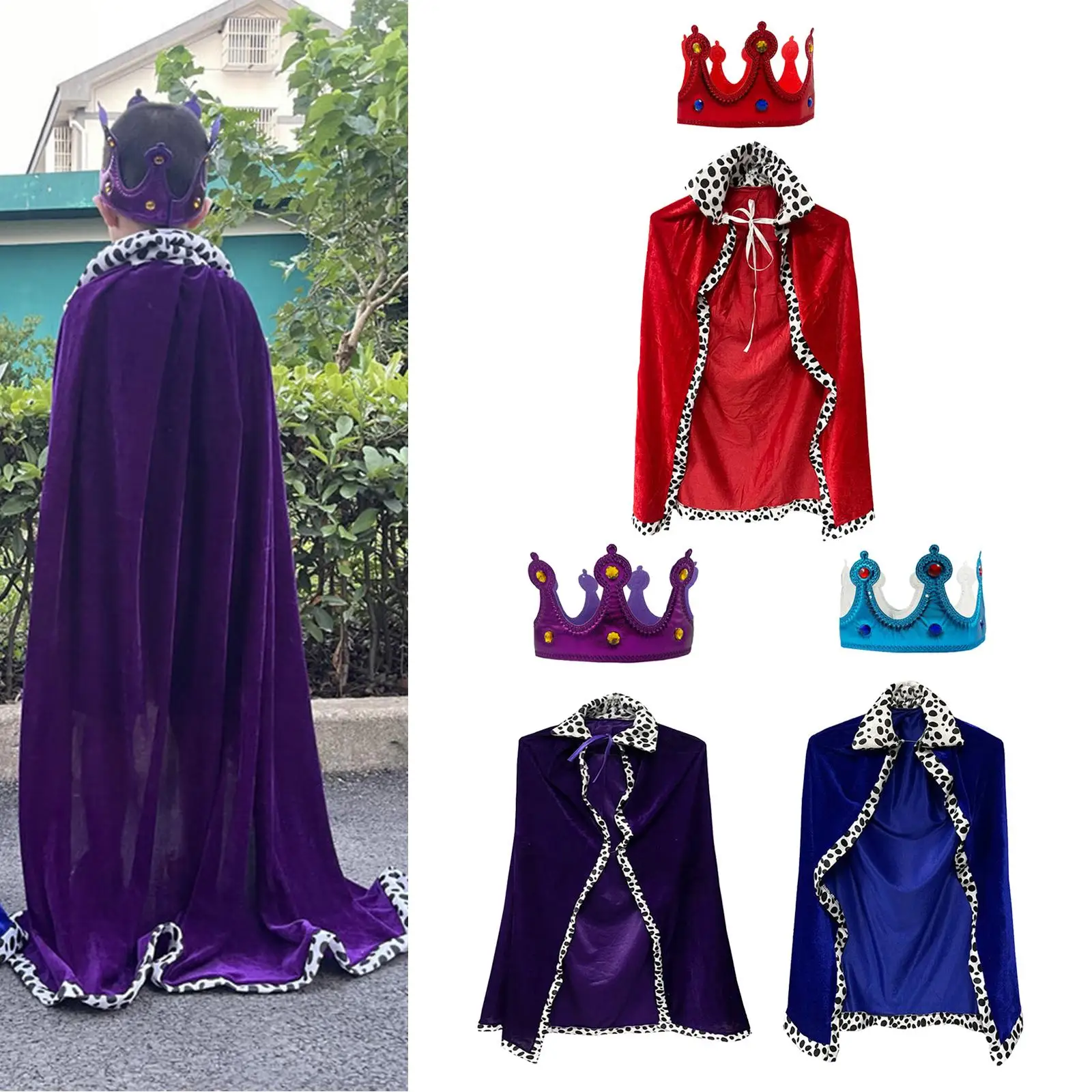 King Robe Cosplay Kids Halloween Costume Medieval Accessory with Crown Role Play for Party, Children, ,Carnival