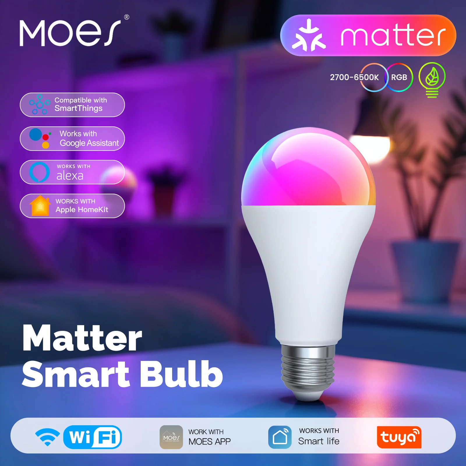MOES Tuya MATTER WIFI لمبة LED ذكية قابلة للتعتيم 14 وات RGB C+W E27 لون متغير 2700K-6500K التحكم في التطبيقات الذكية مع Alexa Google