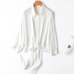 Women Silk Shirt 100% Mulberry Crepe Silk Solid White Lantern Sleeve Bow-tie Bottom Loose Type Top Blouse Office Lady Work MM898