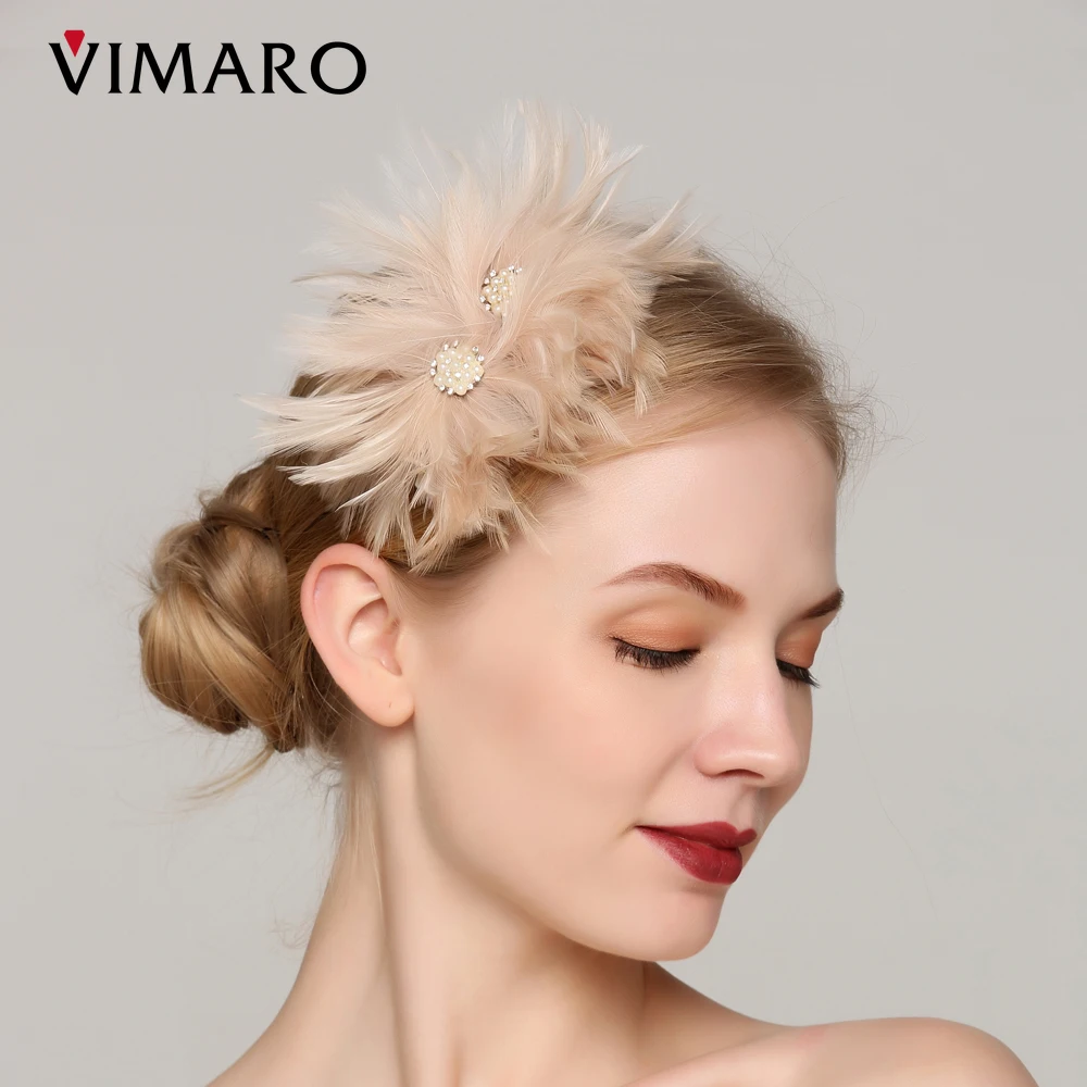 

VIMARO Nude Pink Feather Fascinators for Women Elegant Fascinator Hats for Women Wedding and Church