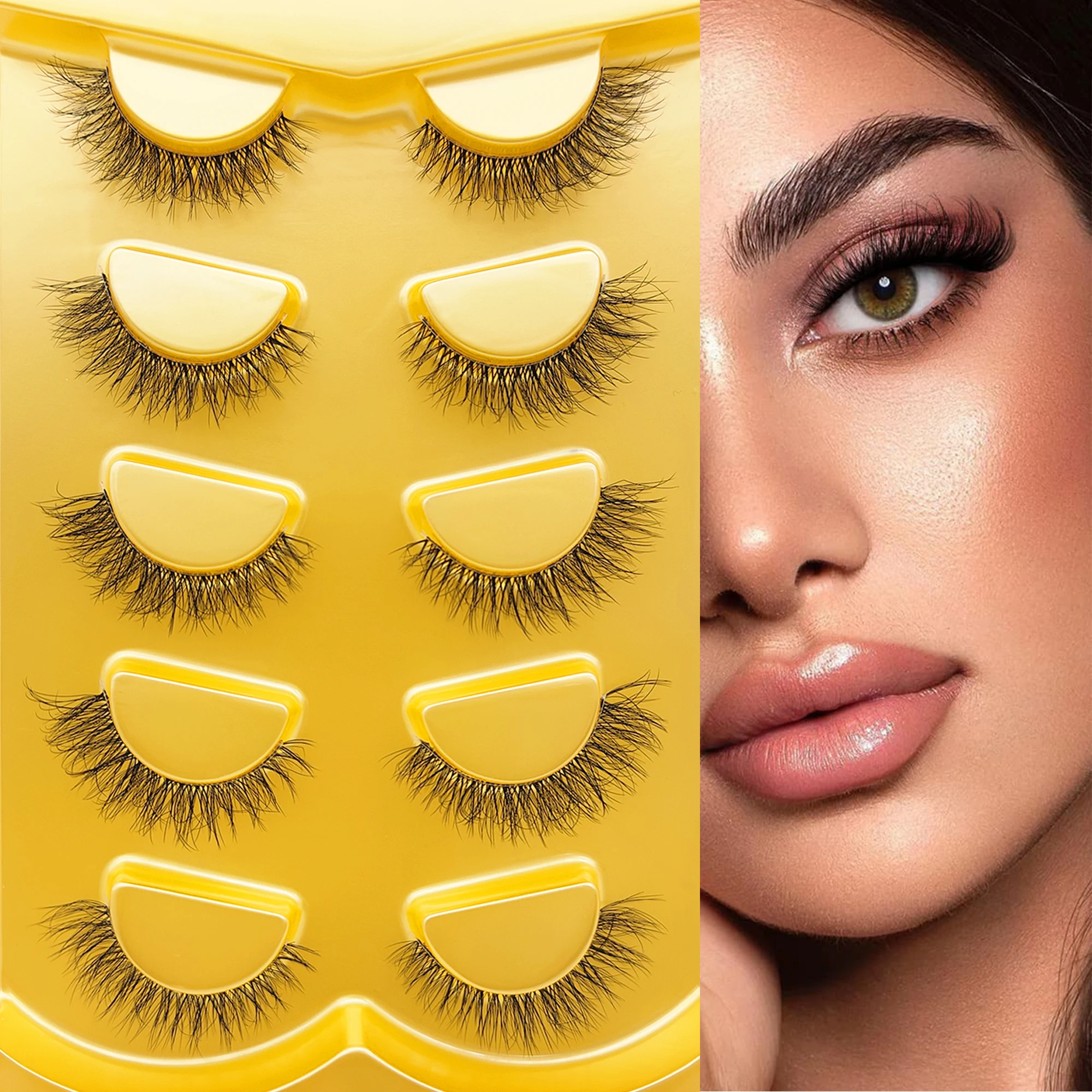 

5 Pairs Ultra-Fluffy Natural False Eyelashes-Dramatic 3D Volume, D Curl, High-Quality Fake Eyelashes with Invisible Clear Band
