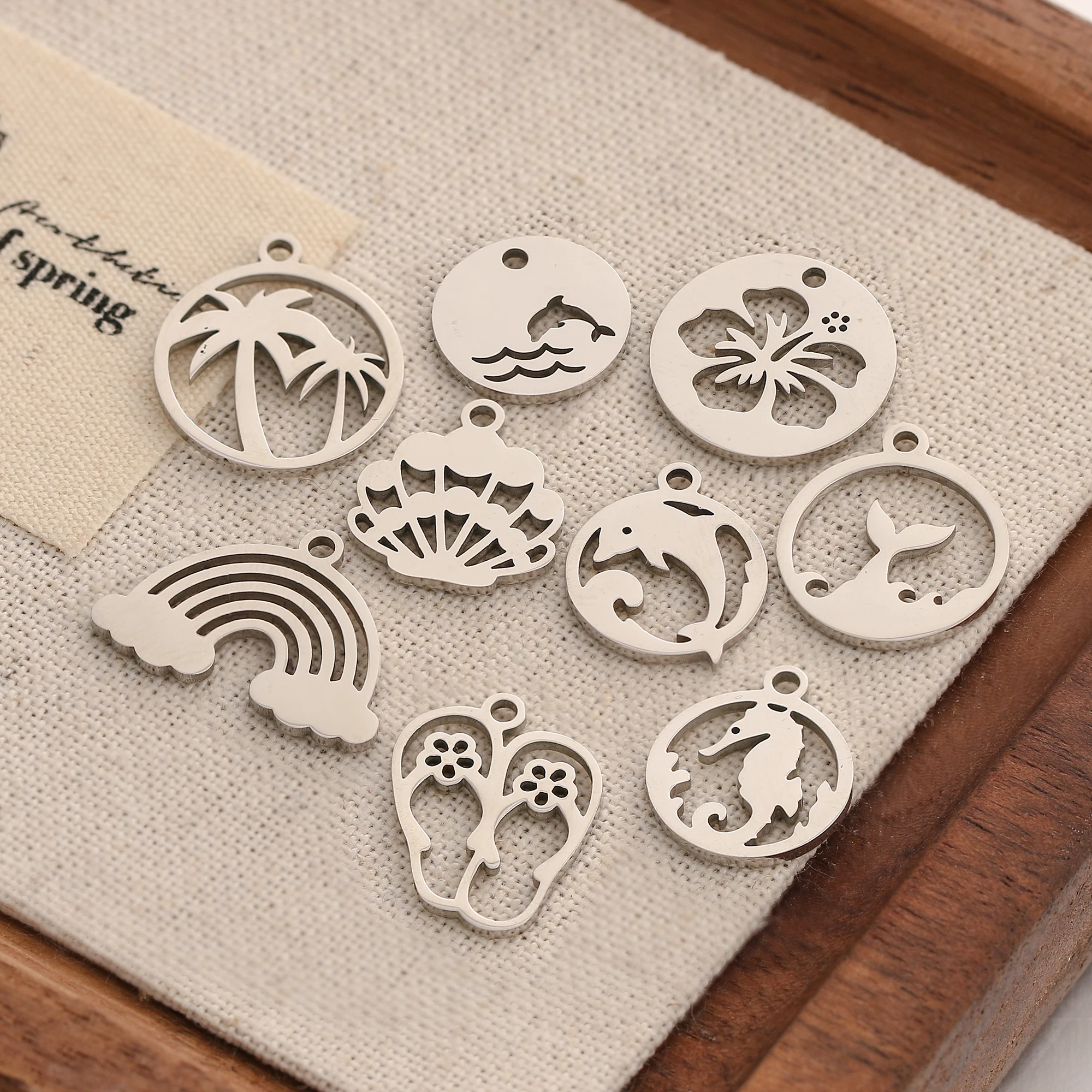 5Pcs/Lot Stainless Steel Sea Animal Charm Tropical Coconut Tree/Rainbow/Dolphin/Shell Charms Pendant for Jewelry Findings Making