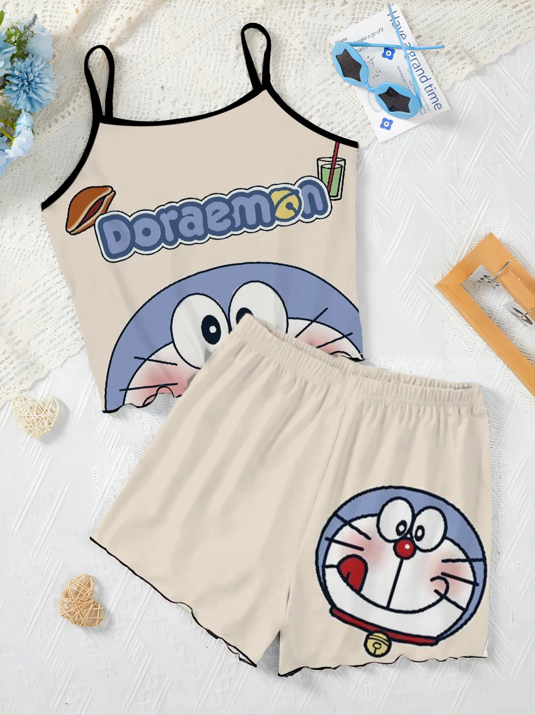 Home Dress Lettuce Trim Elegant Women's Sets for Women 2 Pieces Pajama Skirt Top Doraemon Satin Surface T-shirt Short Suit Top