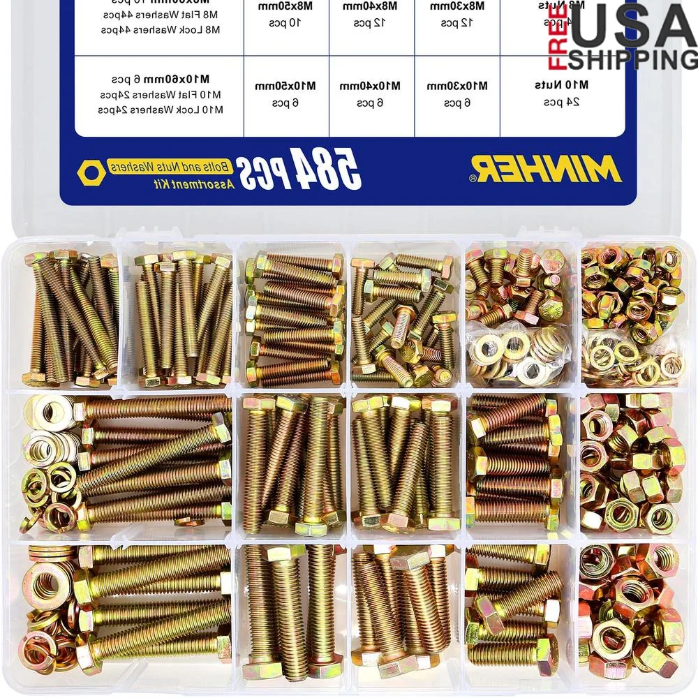 

584PCS M6 M8 M10 Heavy Duty Bolts Nuts Grade 8.8 Alloy Steel Hex Screws Washers Assortment Kit Home Repair