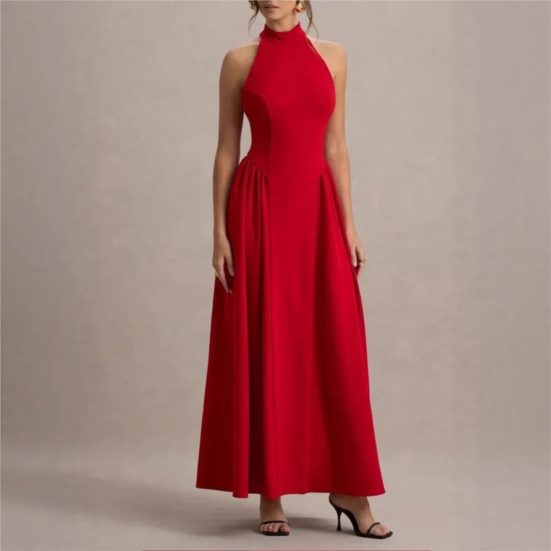 

Women New Halter Neck Folds Dresses Elegant Sleeveless Slim Backless Sexy Long Dress Solid Color Gown Summer Dress Robe Vestido