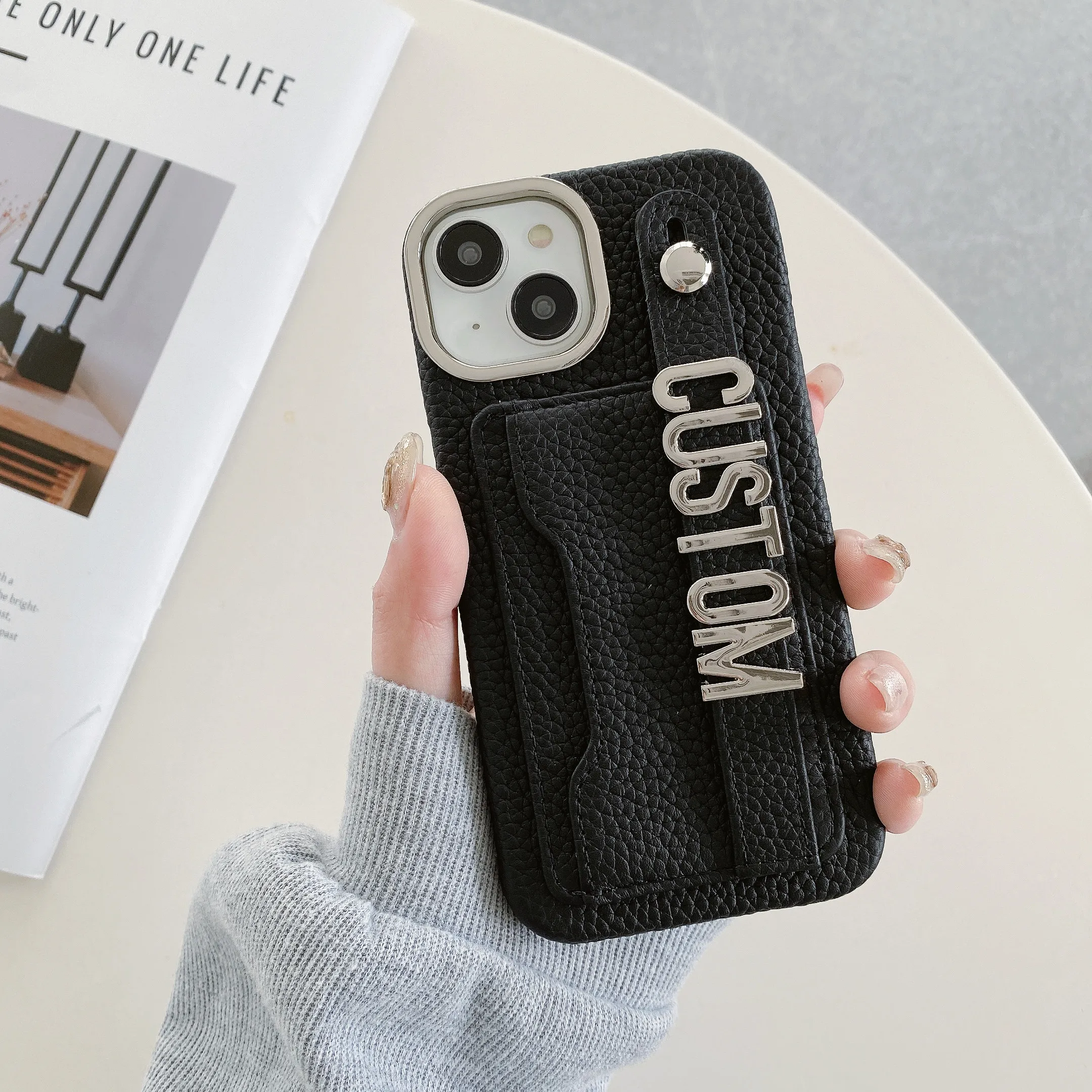 Customized Letters name Genuine Leather Phone case for iPhone15 14 13 12 ProMax 15Plus Personalized Cardholder wristband Cover