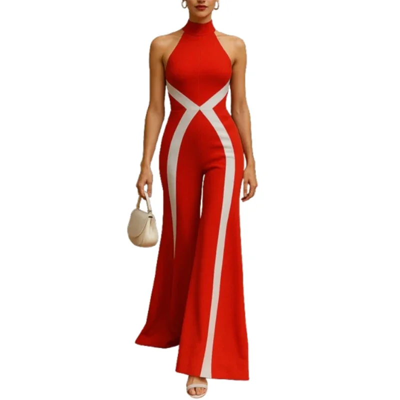 

UOOZEE Office Lady Overalls 2025 New Summer Fashion Contrast Color Off-Shoulder High-Neck High Waisted Wide Leg Jumpsuits