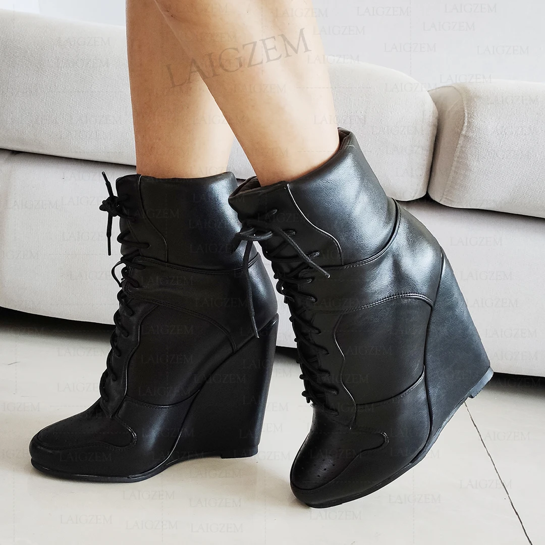 LAIGZEM Women Ankle Boots Wedges Lace Up Round Toe Faux Leather Short Booties Handmade Ladies Shoes Woman Big Size 41 46 48 52