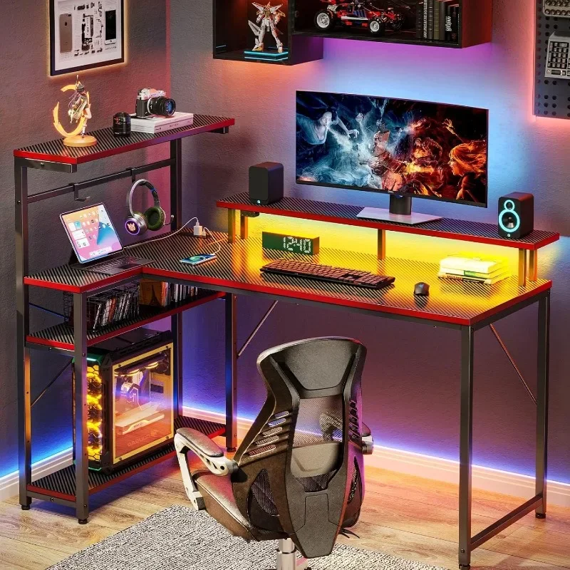 Seventable Gaming Desk with Power Outlet and LED Light, Reversible Small Desk with Monitor Stand,4 Tiers Shelves and Hooks,39