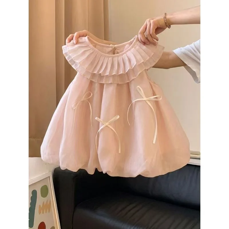 

Toddler Baby Girl Summer Dress Fashionable Sleeveless Lapel Bow Sweet Style Children's Princess Dress