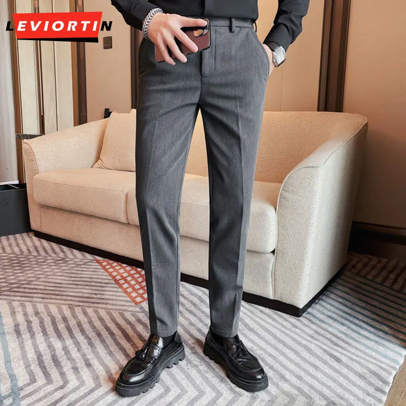 New men's plush trousers for autumn and winter, Korean version slim fit solid color suit pants, small straight leg suit pants