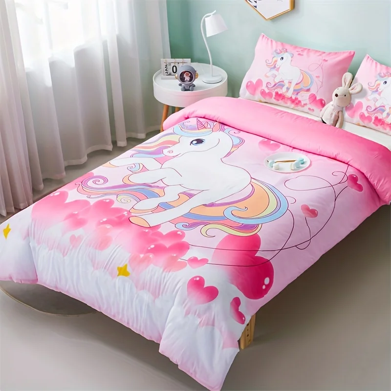 3PC Love Unicorn Powder Duvet Cover 100% Polyester Fiber Digital Printing 1Duvet Cover 2Pillowcases Home Decor Four Seasons