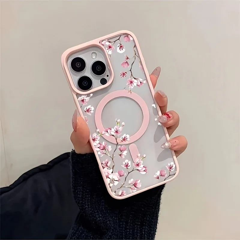 Pink Cherry Elegant Floral Background Design Magnetic Phone Case For iPhone 18 17 16 15 14 13 12 Pro Max 11 16Plus 16E Air Cover