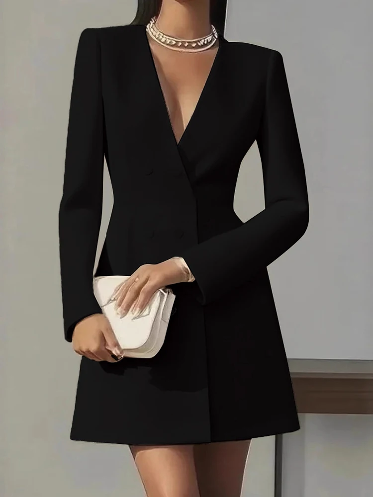 Mode Woon-werkverkeer Knop Blazer Korte Jurk Herfst Dames Sexy V-hals Effen Feestjurk Lente Elegante Lange Mouw Slanke Jurk