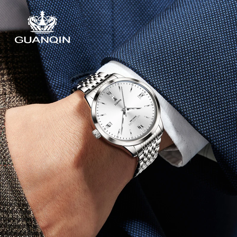 GUANQIN Premium Men's Watches Business Elegant Stainless Steel Strap Wristwatch Mens Fashion Original Dress Quartz Hand Clock