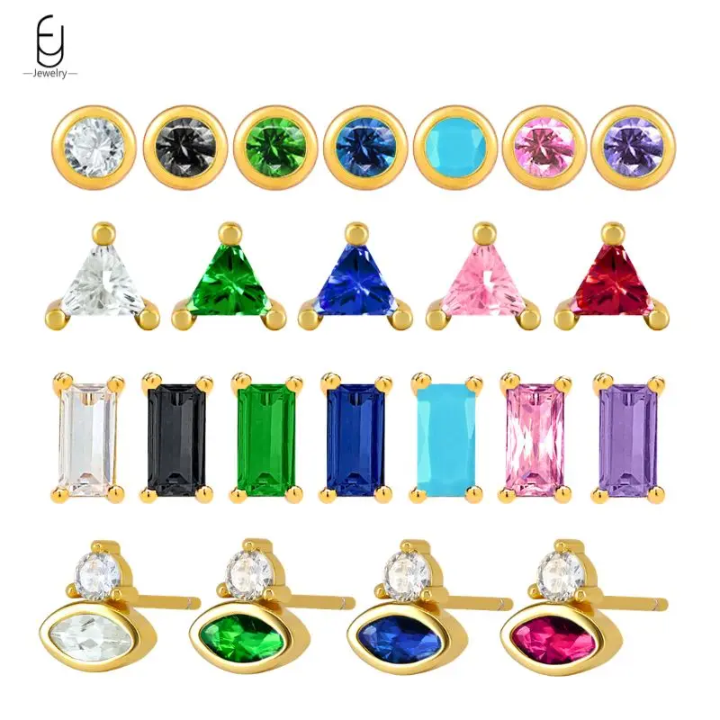 925 Sterling Silver Needle Geometric Small Stud Earring for Women Round/Square/Triangle Colorful Crystal Earring Fashion Jewelry