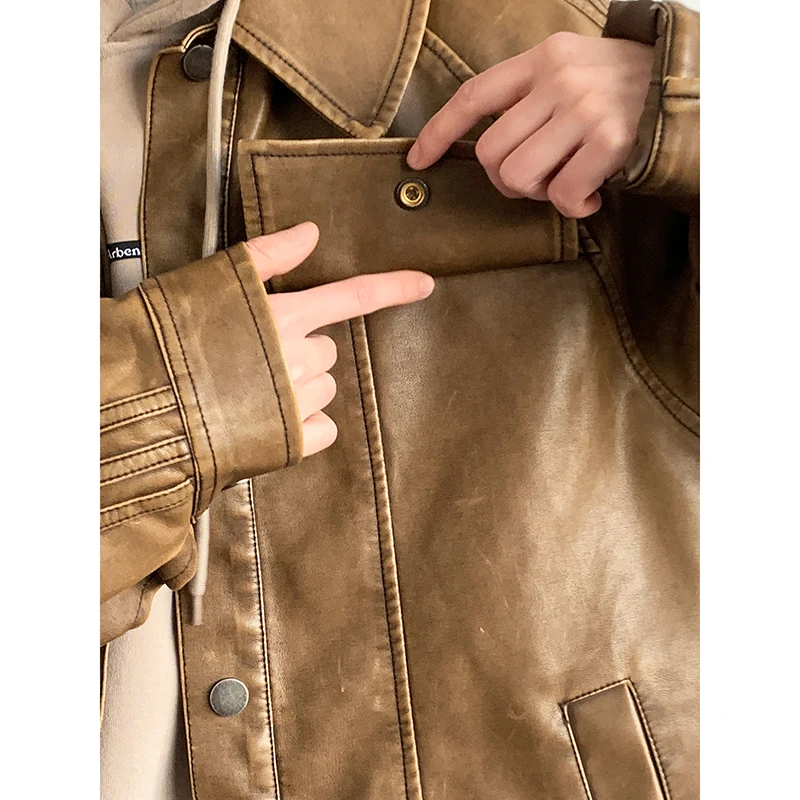 Vintage PU Leather Jacket Men Women American Distressed Motorcycle Lapel Coat Autumn Casual Cargo Unisex Streetwear Maillard2024