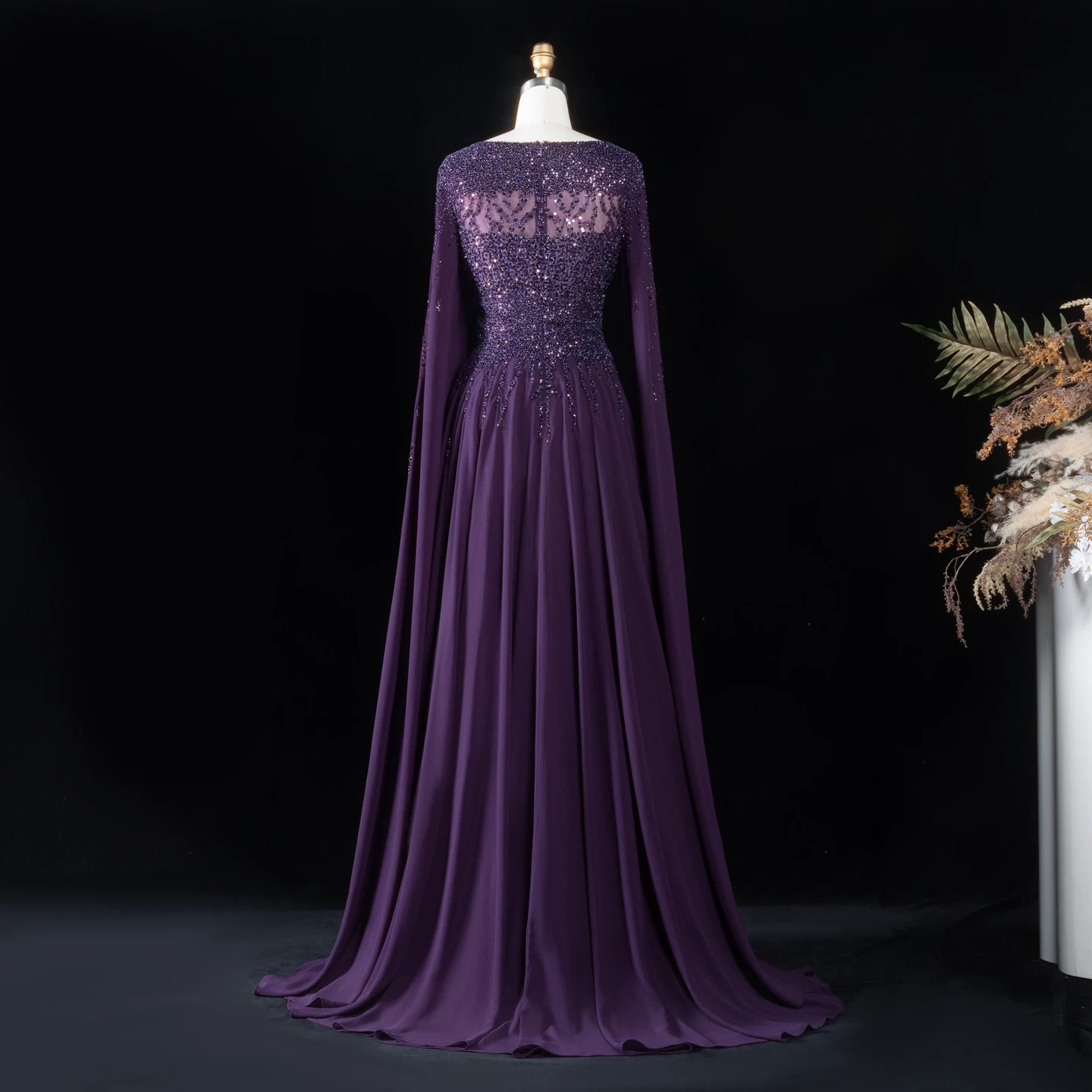 Sharon Said Abendkleid Luxuriöses A-Linien-Kleid mit Pailletten, Cape-Ärmeln und Perlen für Hochzeit, Abschlussball, Dubai, formelle Party, Ballkleid SS105, maßgeschneidert – Detail 14