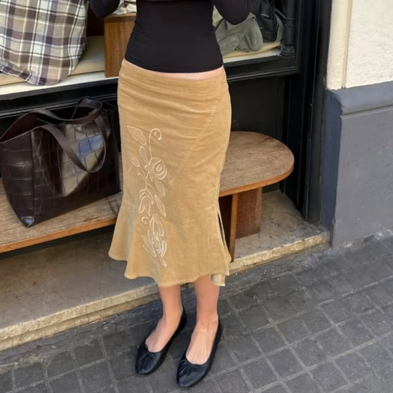 

Новая винтажная юбка-русалка Tsiisd с вышивкой и принтом, женская, с высокой талией, для офиса, элегантная, уличный стиль, макси-юбка