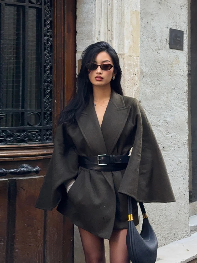 

Autumn Winter Elegant Woolen Cape Jacket For Women Vintage Long Sleeve Loose Coat Lapel Lace Up Streetwear 2025 New Lady Outwear