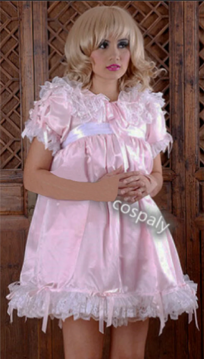 French Sissy Lockable Pink Silk Dress Uniform Maid Role Play Suit Customization