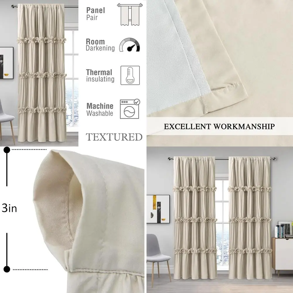 

Рустикальные шторы в стиле бохо 52x96 с термоизоляцией и 3 рядами цветов-бабочек, верблюжий (набор из 2 шт.)