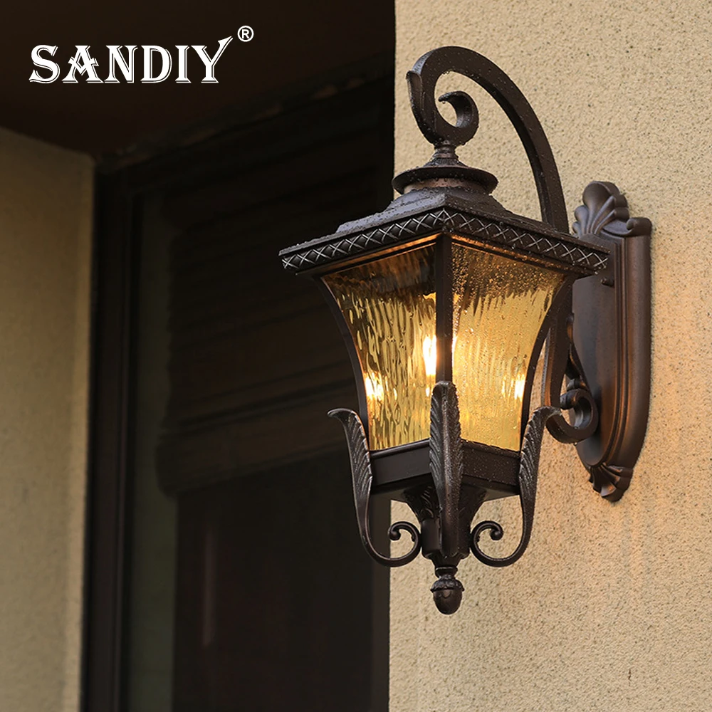 Outdoor Wall Lamp Fixtures Retro Porch Light Vintage Led Night Chandelier for House Gate Patio Garden Exterior Sconce Brown+Gold