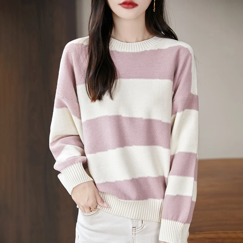 

Осень и зима, новый свитер из 100% хлопка, женский повседневный вязаный пуловер с круглым вырезом и цветными блоками, свободный хит продаж, женский топ