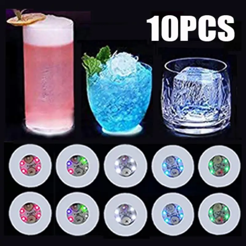 10/100PCS LED Coaster Stickers Luminous Drinks Cup Pads Wine Liquor Bottles Coaster Sticker Bars Atmosphere Lights Cup Sticker