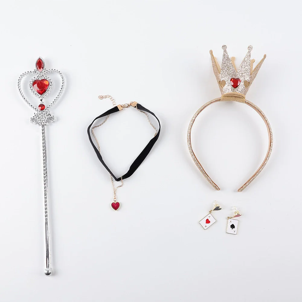 Herzen-Königin-Kostüm, rotes Königinnen-Kostüm, Accessoires: Krone, Stirnband, Zauberstab, Halskette, Socken, Herzring, Ohrringe, Halloween – Detail 1