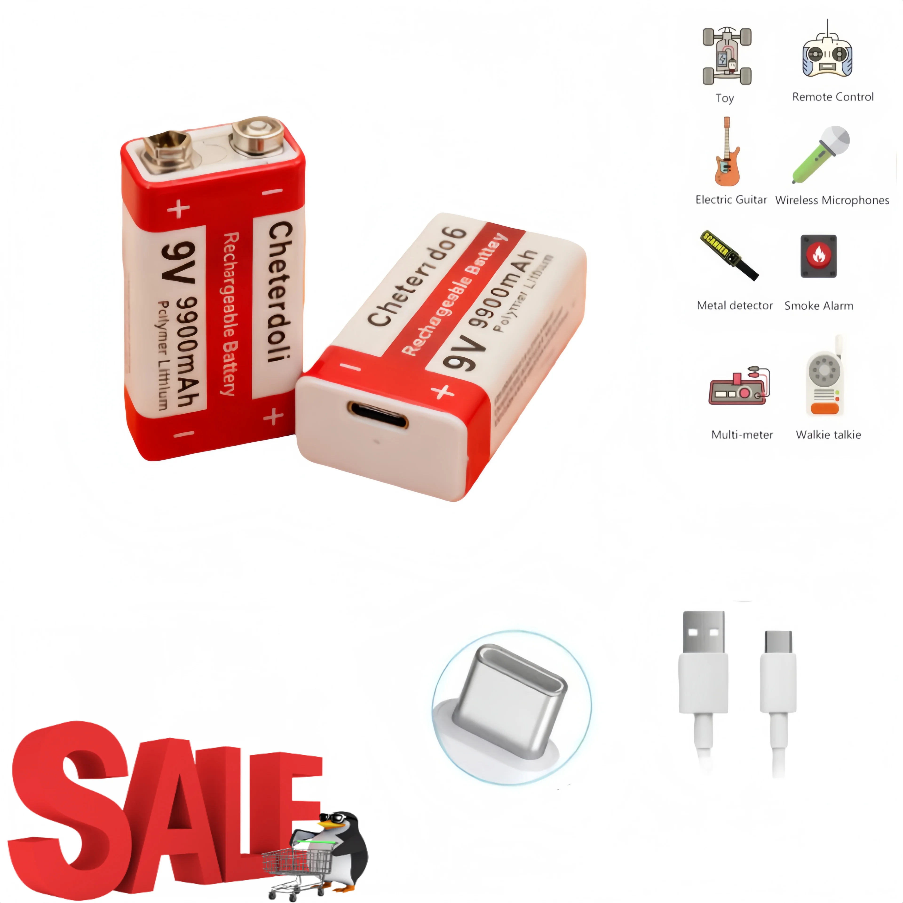 

9V Li-ion Rechargeable Battery 9900mAh with USB-C Port, Longer Life than Alkaline Battery, for Guitar Pedal, Multimeter, Toy,KTV