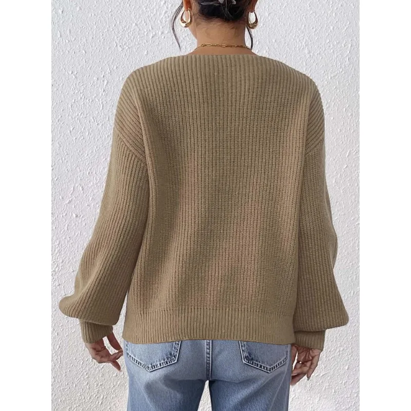 秋と冬のセーター レディース Vネックセーター レース象嵌 ブリックボウとインターフェースバッグ付きプルオーバートップ