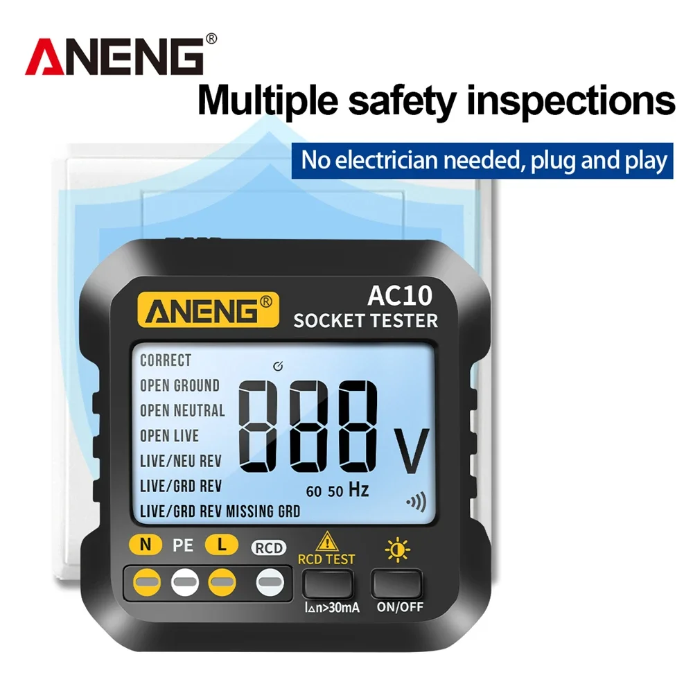 Aneng AC10 Socket Tester Plug Detector Nul Lijn Plug Polariteit Fase Controleren Fase Detector Us/Eu Plug Multimeter Digitale tester