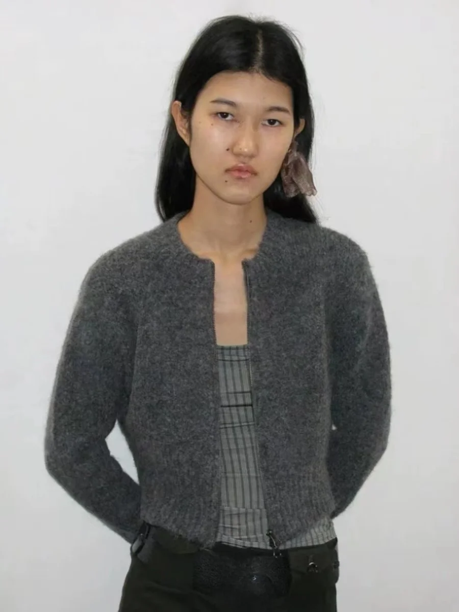 ay Wollmischung gestrickter Reißverschlusspullover mit gestickten Buchstaben Casual Commute Sle Long Sve ort Länge rund Ne