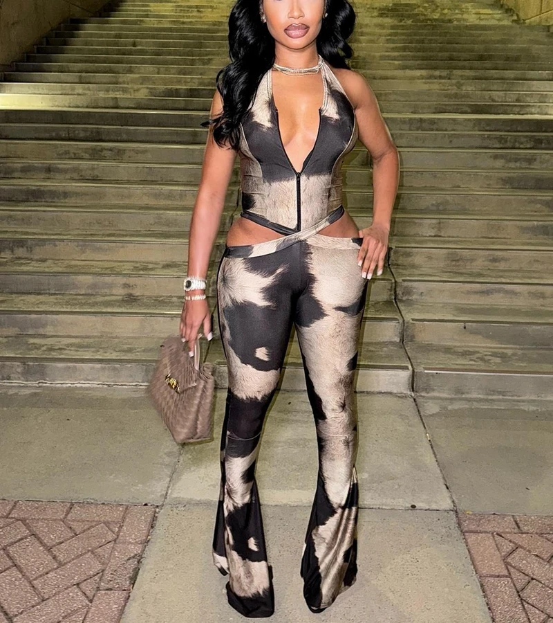 

СТИЛЬНЫЕ женские спортивные комбинезоны с принтом тай-дай, осень 202, женские облегающие расклешенные комбинезоны с лямкой на шее и v-образным вырезом на спине, клубные вечерние облегающие комбинезоны