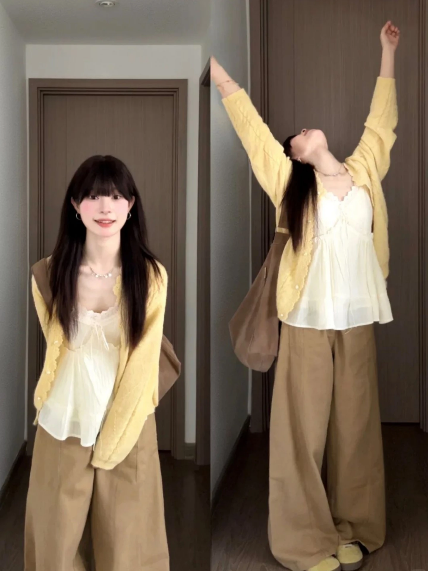 

Sweet Knitted Lace Crop Top And High Waist Wide Leg Pants Women's Autumn Winter Set Casual Sle Long Sve Open Cardigan
