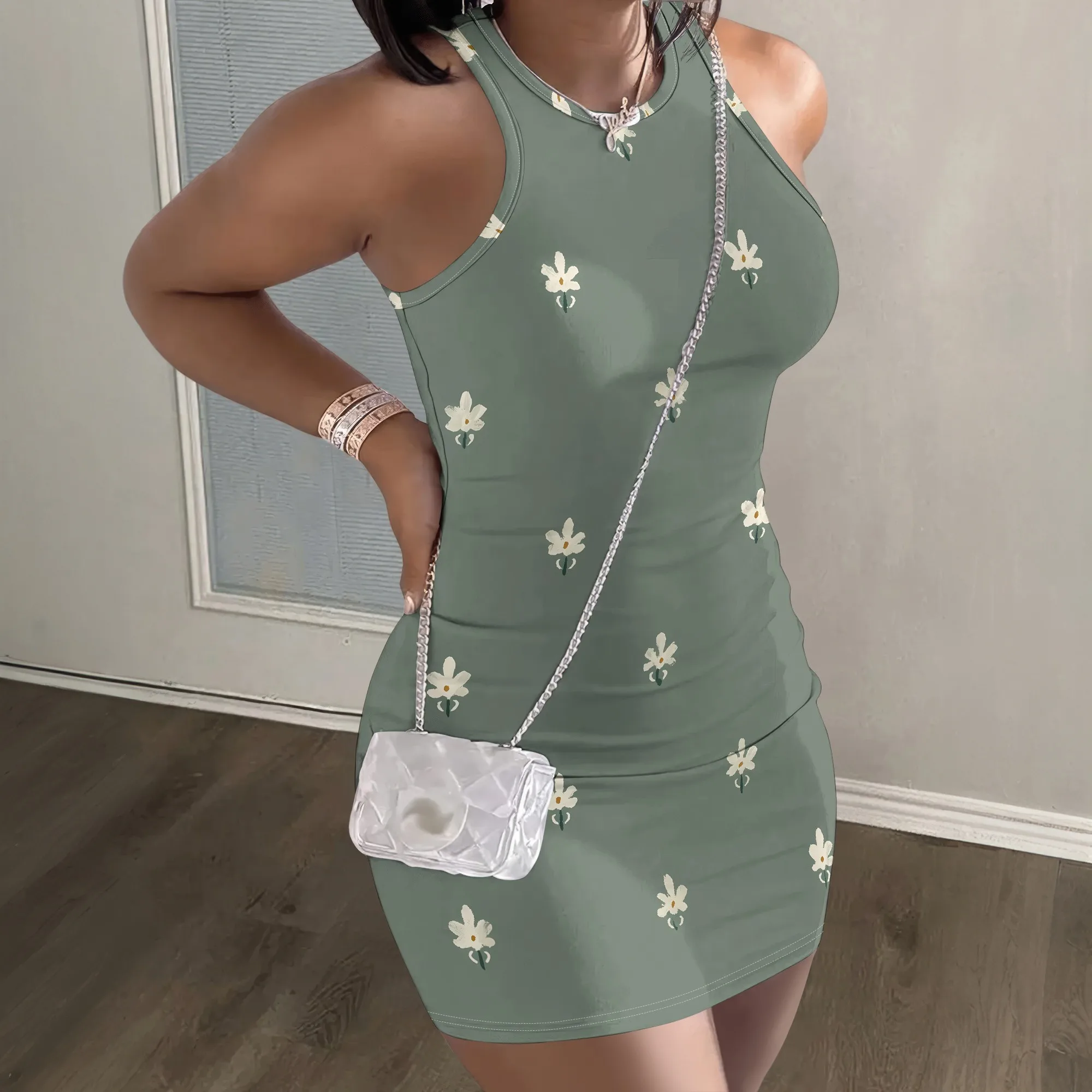 Floral Print Halter Mini Dress, Sage Green Flower Pattern, Bodycon Sleeveless Party Club Wear, Summer Casual Outfit S-2XL