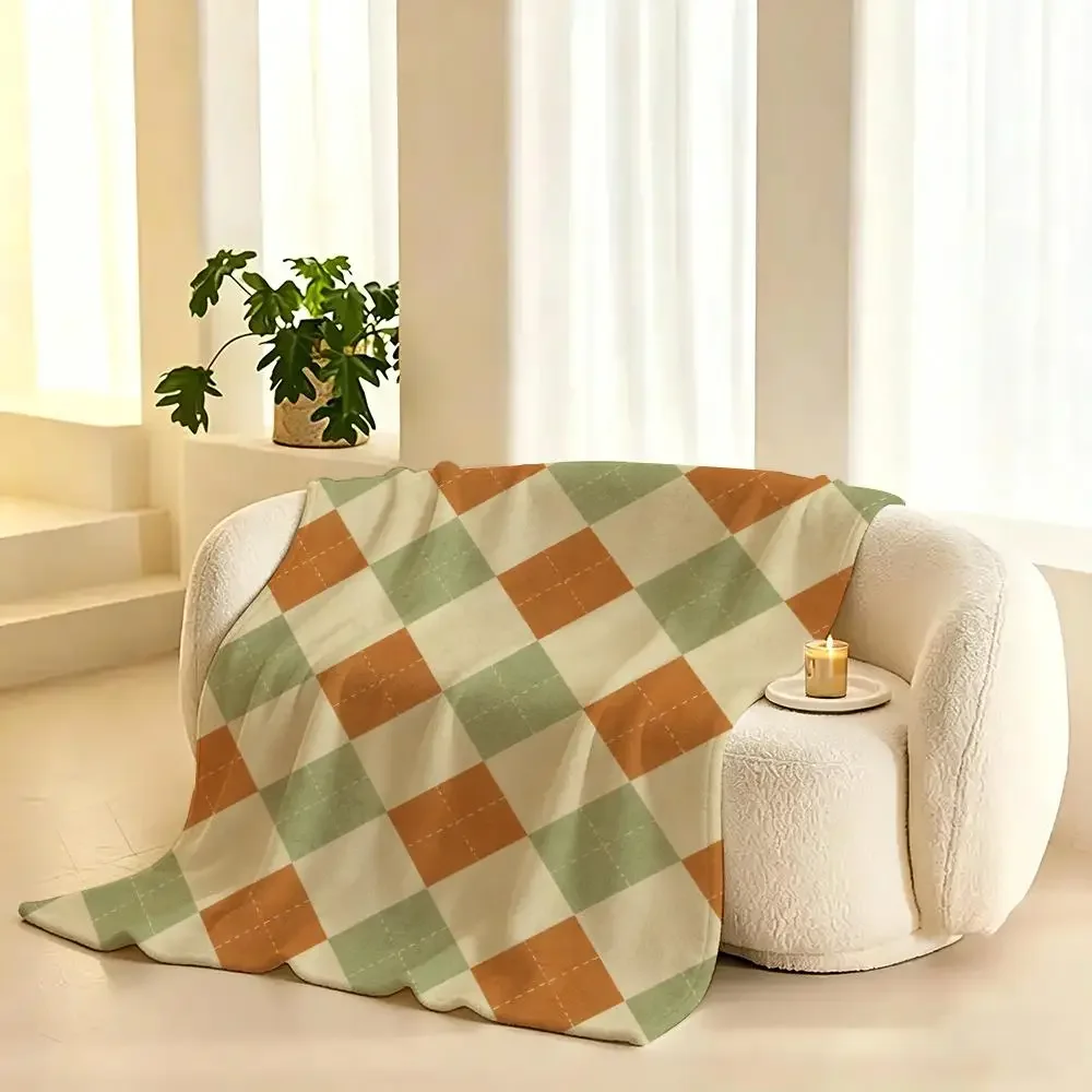 Vintage Argyle Pattern Throw 240g Lightweight Flannel Blanket, Soft Skin Throw Blanket for Sofa Bedroom