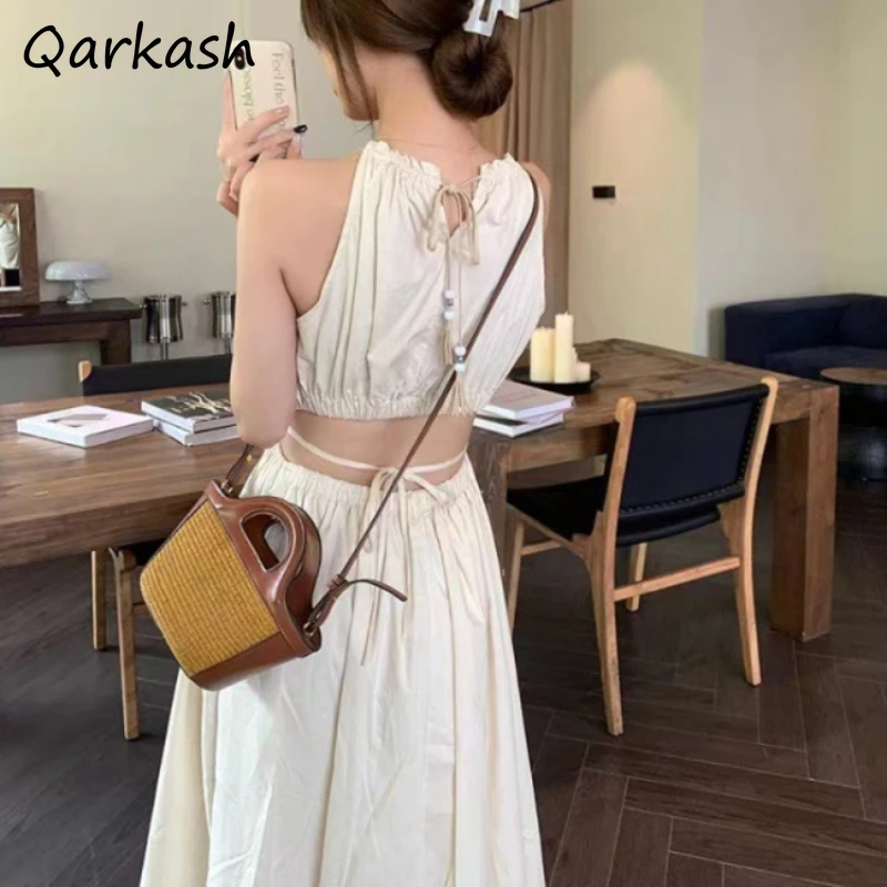 Women Backless Dresses Lace Up Bohemian Holiday Tassel Sleeveless Off-shoulder Summer Elegant Temperament Trendy Chill Korean