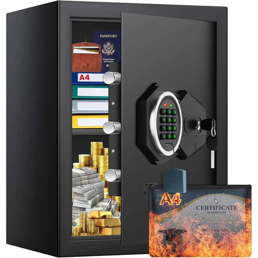 Large Home Safe Box Fireproof Waterproof with A4 Fireproof Bag and Backlit Keypad 2.4 Cu Ft Antitheft Fireproof Safe with Remov