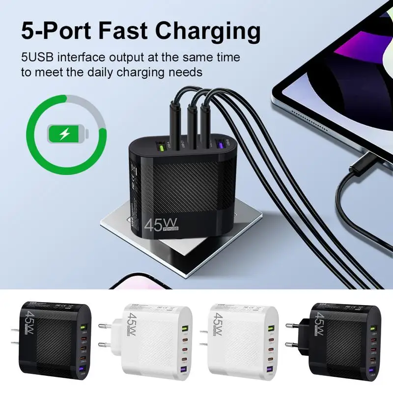 Multi Port USB Charging Station 5-Port Charger Plug USB-B Port 45W USB-A Type C Charging Station Wall Charger Charging Adapter