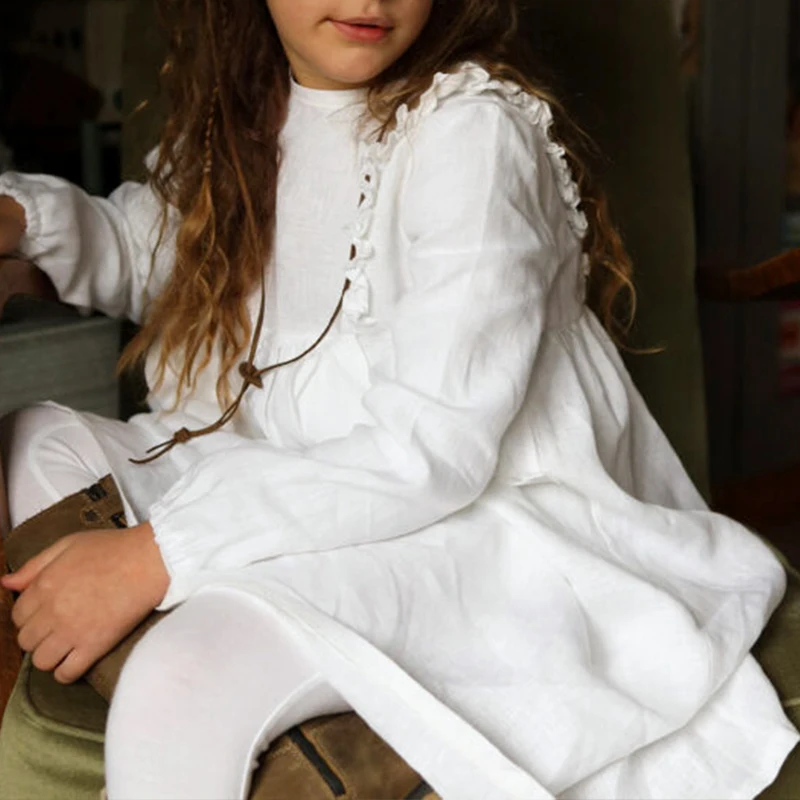 Girl\'s Cotton And Linen Ruffled Long-Sleeved White Dress 2024 Autumn New French Cute Solid Color Baby Girl Princess Dresses