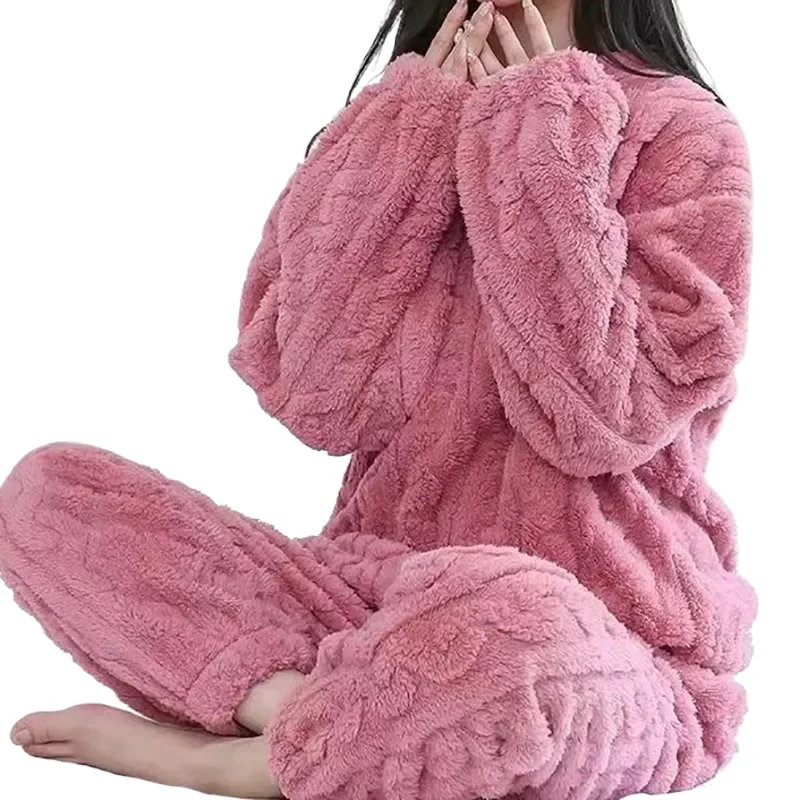 

Autumn Winter 2 Piece Sleepwear Sets Women's Long Sleeve Thickened Pajamas Home Clothes Warm Pure Color Pajama Sets 2024