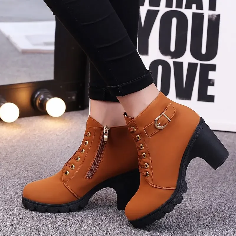 2025 novas botas femininas de salto alto tiras cruzadas botas curtas confortáveis ​​botas de plataforma zíper lateral botas femininas plus size 42