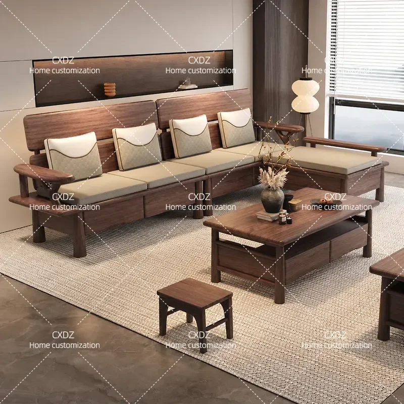 Solid Wood Black Walnut Sofa Minimalist Living Room Corner Couch with Storage High End Dual Purpose for Winter and Summer