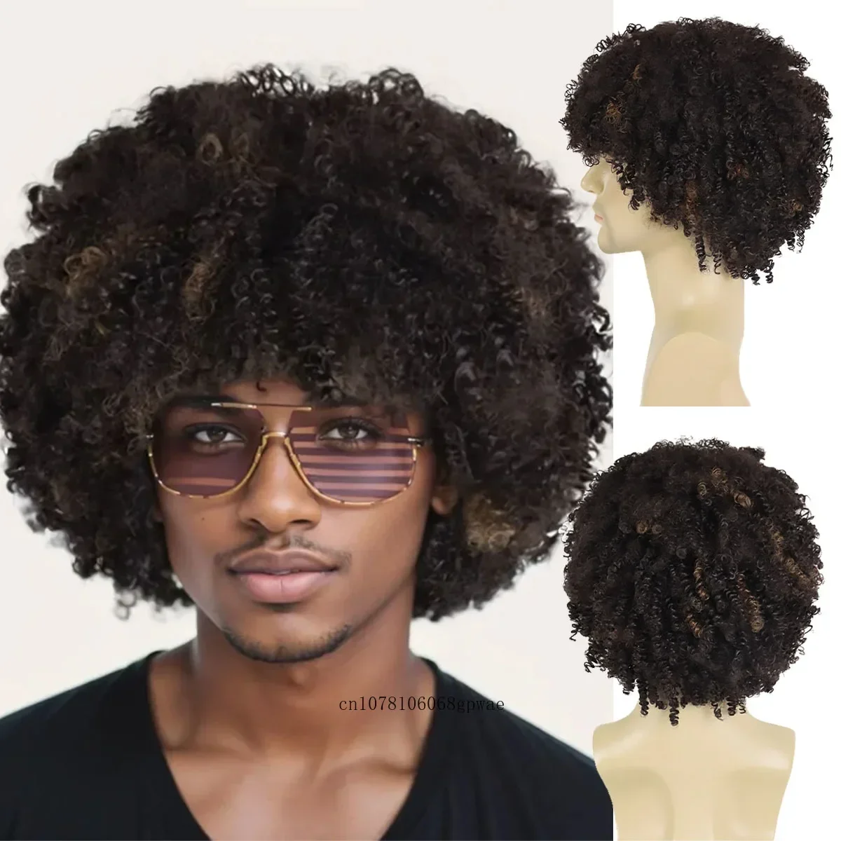 Synthetic Short Mix Brown Wig for Black Men Afro Kinky Curly Wigs with Bangs Fluffy Bouncy Curls Hair Rocker Wig Daily Cosplay