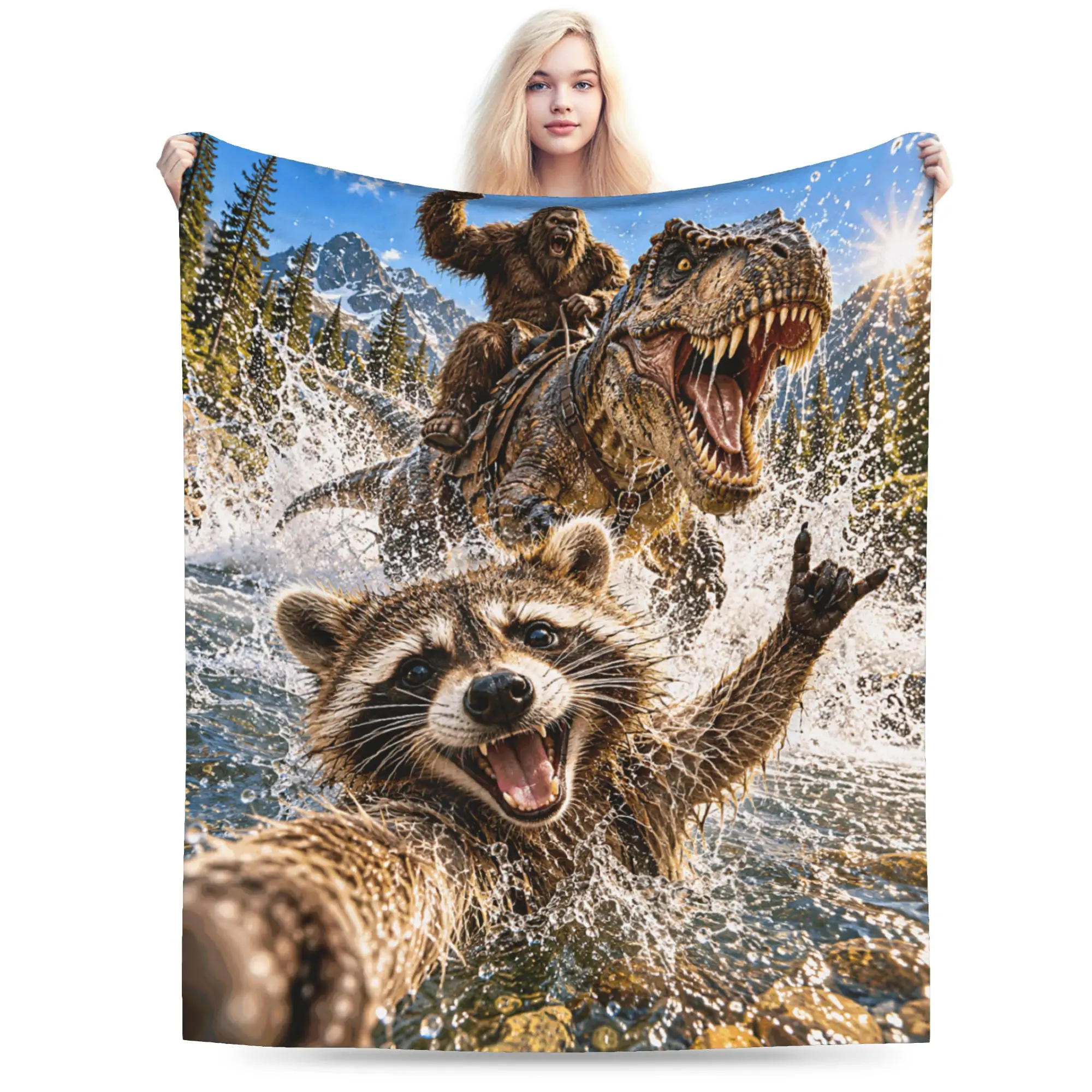 Funny Bigfoot Ride Dinosaur Raccoon Throw Blanket for Couch  Soft Cozy Plush Blanket 50x60 Inches Multiple Sizes Bedspread
