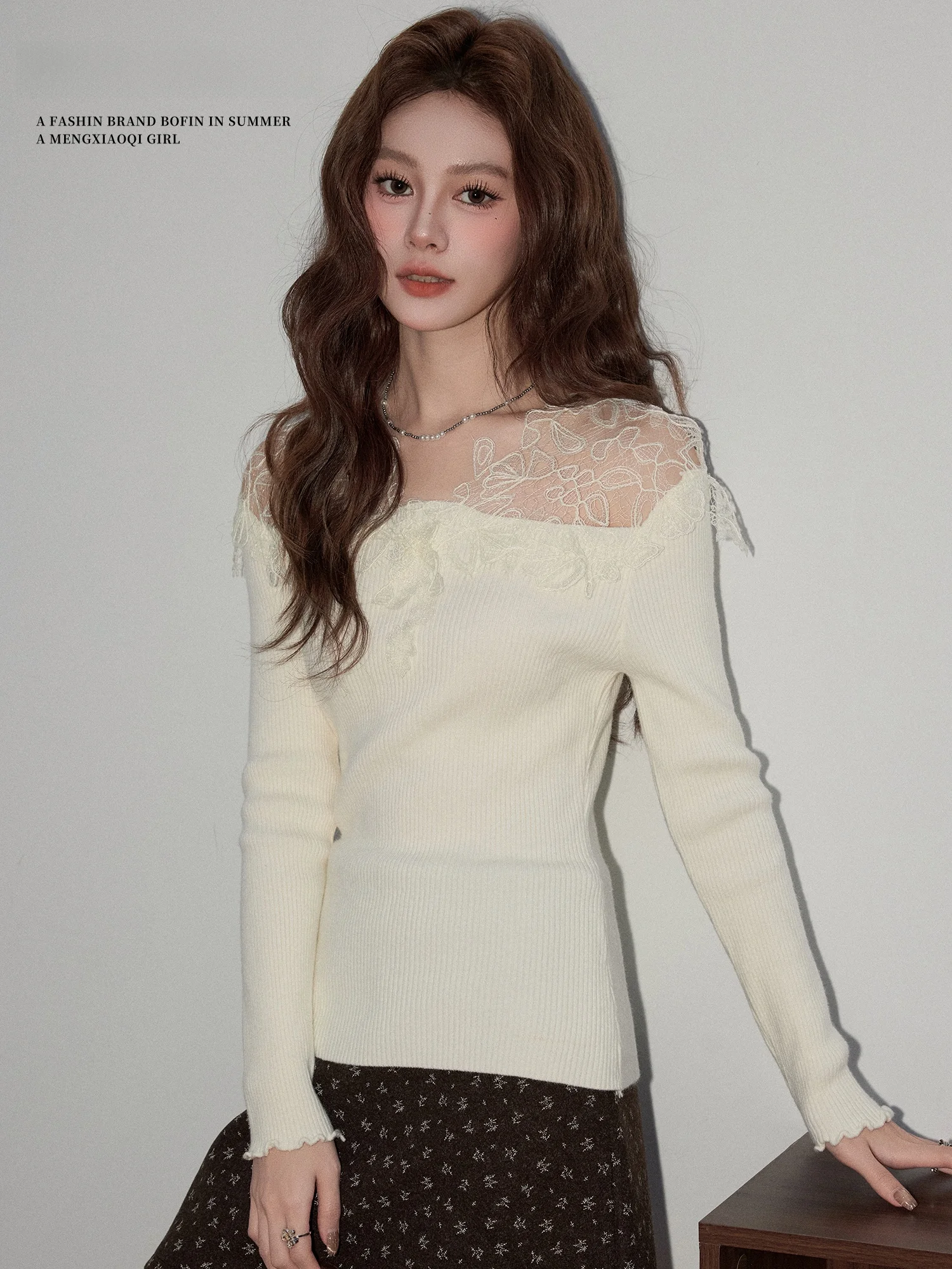 

Meng Xiaoqi Women's Lace Splice Knitted irt oulder Baring Inner Wear Slim Fit Base irt Long Sve Autumn Winter New Sle
