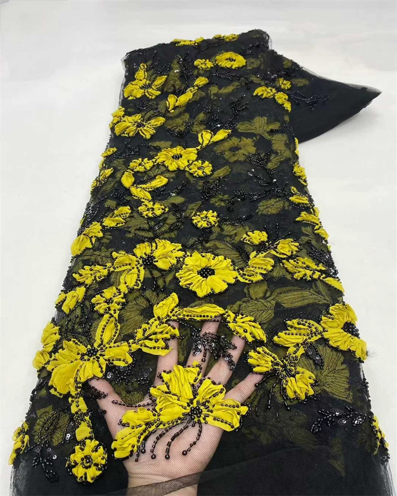 

African Fashion Lace Fabric Tulle Mesh with Sequins And Beads Embroidery for Nigeria Style Dresses